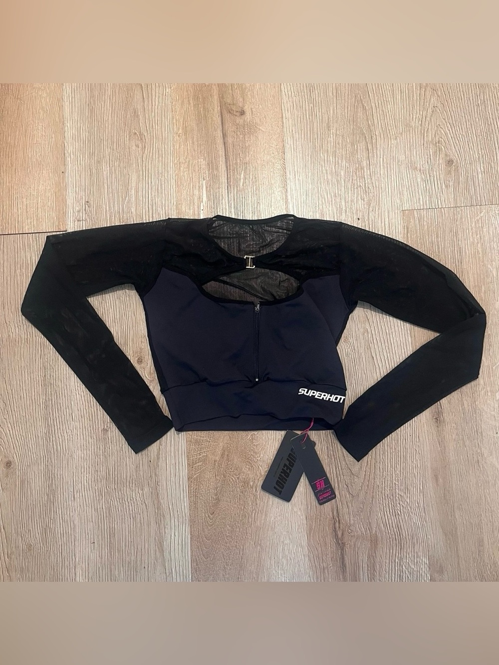 SUPERHOT Black Mesh Sleeve Cropped Zip Top